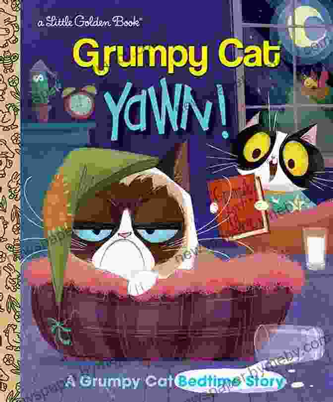 An Illustration From Yawn Grumpy Cat Bedtime Story Showing Grumpy Cat Tucked Into Bed, Gazing At The Reader Through Her Sleepy Eyes Yawn A Grumpy Cat Bedtime Story (Grumpy Cat) (Little Golden Book)